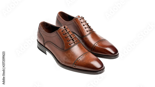Pair of classic brown leather men dress shoes isolated on transparent background