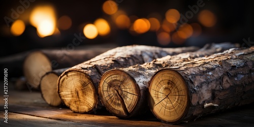Close-up of wooden logs with warm lighting and blurred background, highlighting the natural beauty of wood grain and texture.