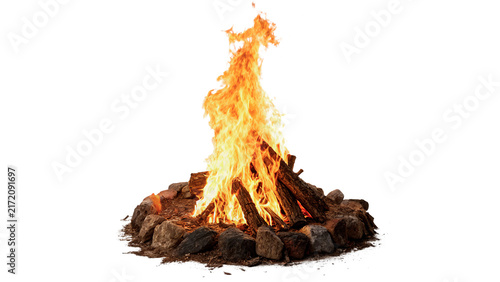 Bright burning campfire with hot flames and wooden logs isolated on transparent background