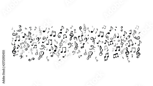 Foto Musical Notes Swirl: A delightful scattering of musical notes, clefs, and rests dance across the frame, creating a whimsical and melodic visual symphony, perfect for creative projects