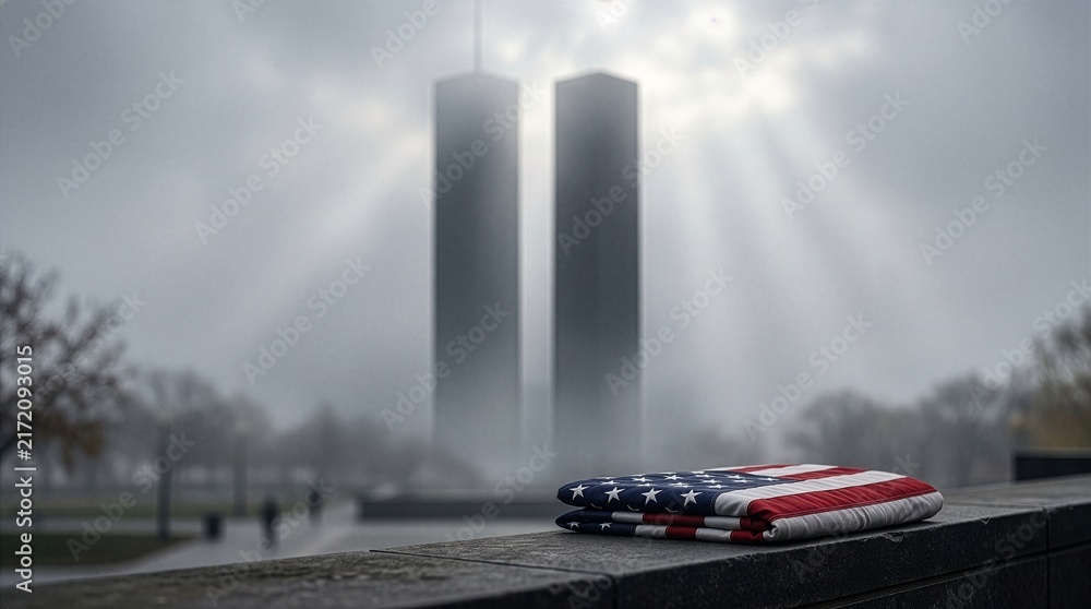 Obraz premium An atmospheric depiction of two iconic skyscraper towers emerging from mist and dramatic rays of light, evoking memories, historical recollection, loss, resilience, and reflection associated with the 
