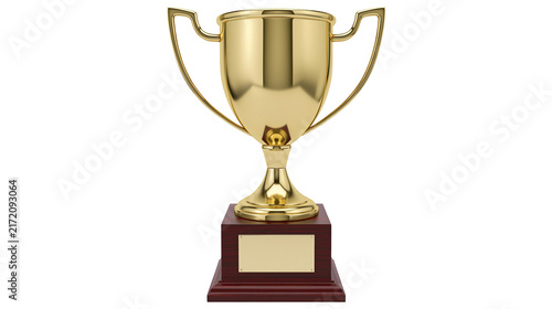 Foto Shiny golden trophy with blank plaque on dark wood base, isolated on transparent