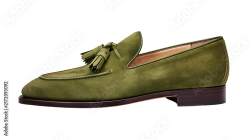 Photography Olive green suede tassel loafer shoe with dark brown sole, isolated on transpare