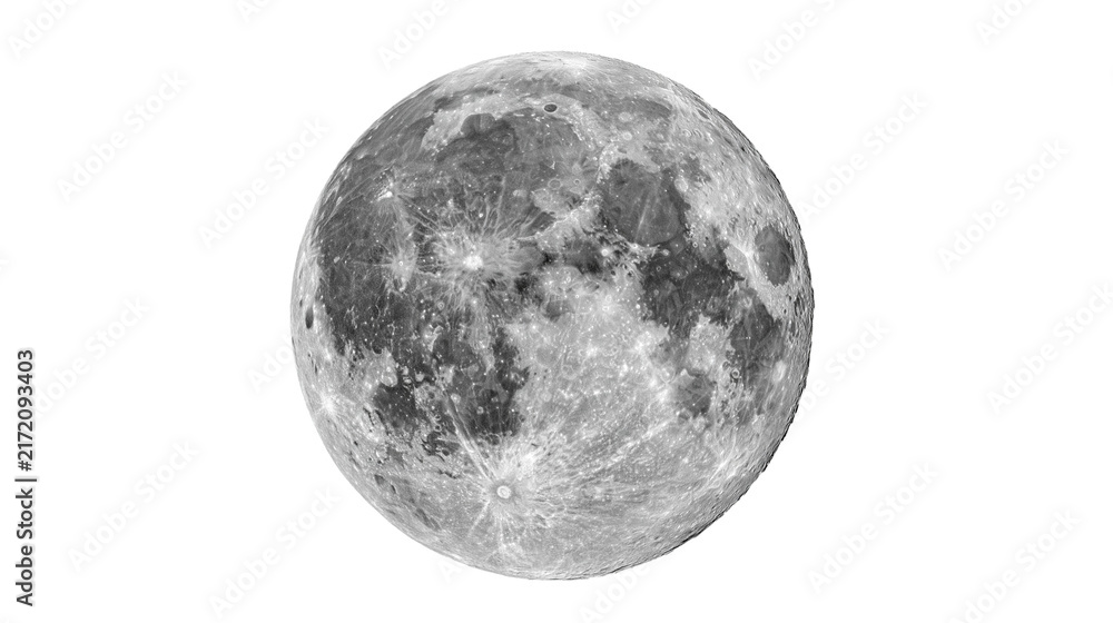 Obraz premium Detailed full moon surface with craters and maria, isolated on transparent background