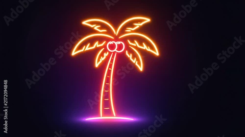 Glowing neon palm tree with orange and pink lights creating a tropical summer symbol on dark background