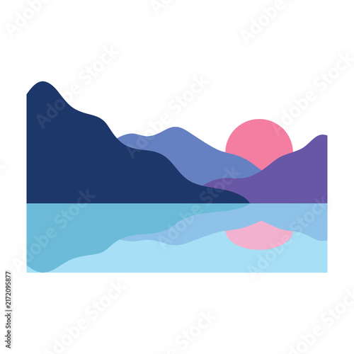 Minimalist sunset landscape illustration with mountains and lake reflection