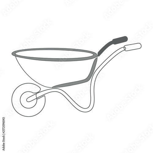 Gray line drawing of a wheelbarrow on white background, empty garden cart, sketch style
