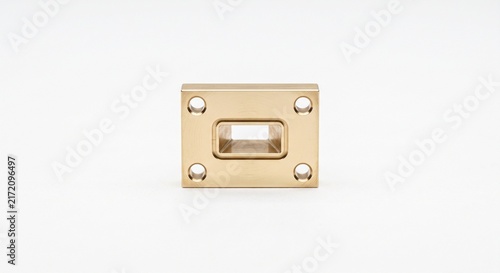 Microwave rectangular waveguide flange, micro-machined solid brass coupling plate. Precision satellite transmission hardware for aerospace telecommunications. Isolated on white background.