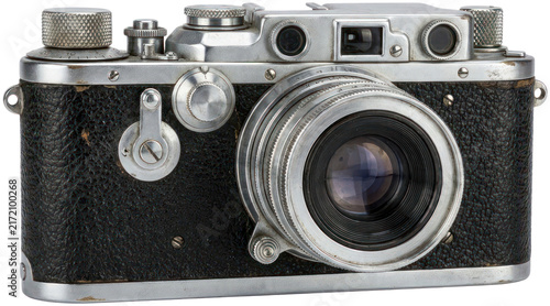 Foto Vintage silver and black rangefinder film camera.