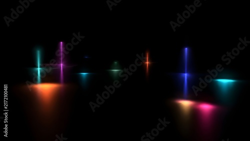 Colorful vertical light flares and beams reflecting on dark reflective surface