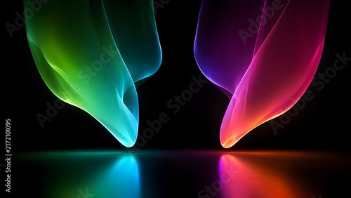 Two vertical glowing neon light ribbons with colors on a dark reflective surface