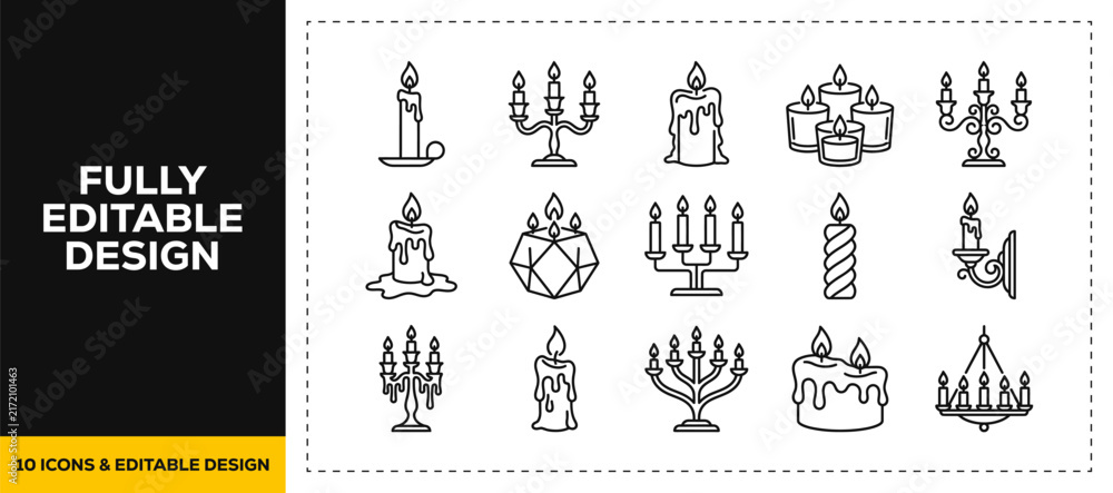 Fototapeta premium flat vector illustration line art icon bundle set design highlighting vintage candelabras ritual candles and spiritual lighting symbols for religious ceremony apps ui