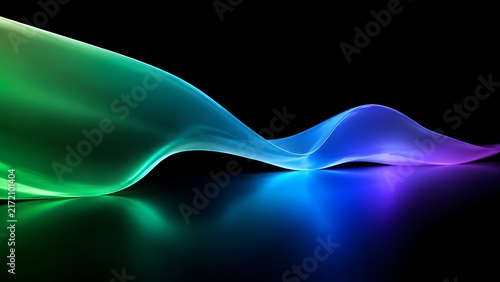 Abstract glowing green and blue light wave curve on dark reflective background
