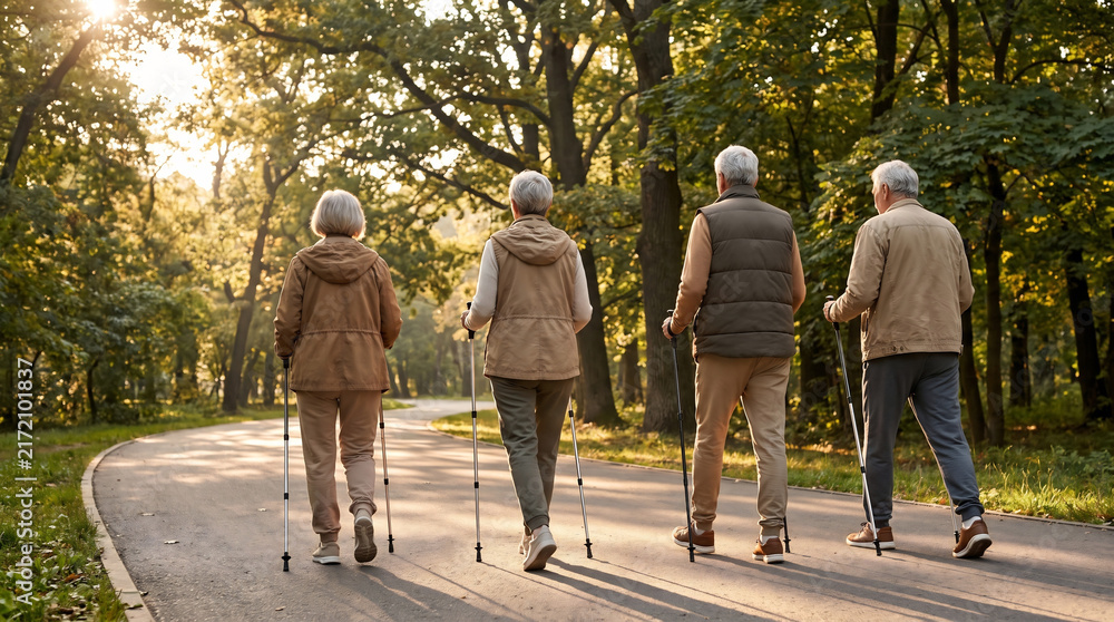 Obraz premium Seniors nordic walking with trekking poles along a tree-lined park trail