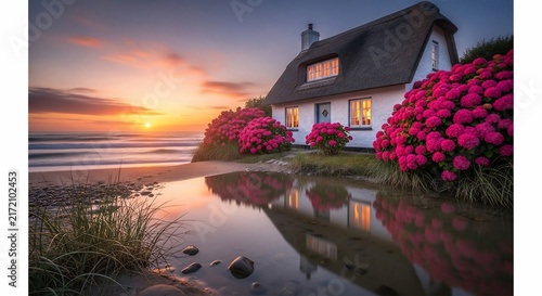 Coastal Dream: Sunset glow on a seaside cottage, reflected in a tranquil pool.