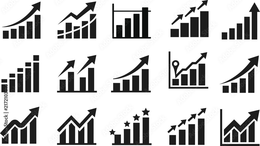 Obraz premium Set of black business growth bar chart icons with upward arrows representing financial success and market progress