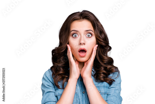 Konstfotografi Portrait of terrified nice cute adorable lovely attractive girl with wavy hair i