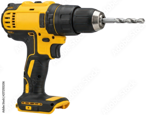 Obraz na plátne Yellow cordless power drill with steel drill bit.