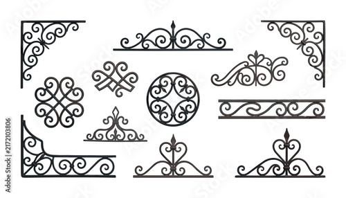 Black metal swirls architectural design elements with antique ironwork filigree corners frames and decorative border patterns