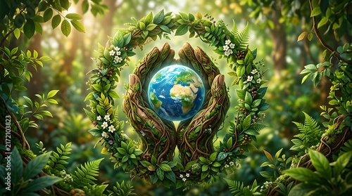A conceptual image of the planet earth held by wooden hands inside a lush green forest wreath