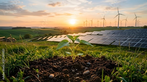 A small green plant growing in front of a large solar farm and wind turbines at sunset