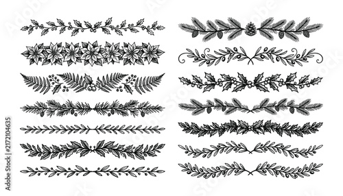 Christmas botanical border elements vector illustration set featuring holiday winter foliage pine branches and poinsettia dividers