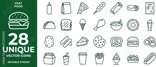 Set of unique vector line icons for fast food