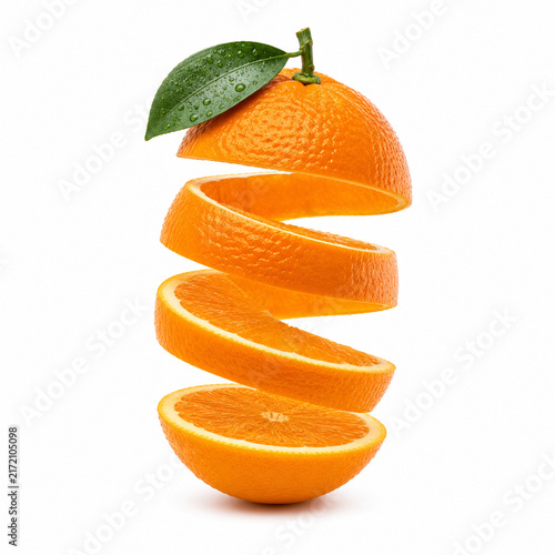 Creative Spiral Orange Peel with Fresh Citrus Fruit Isolated on White Background