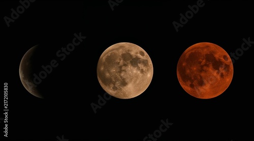 Lunar eclipse sequence showing moon phases from partial umbra to full red totality, astronomical celestial event