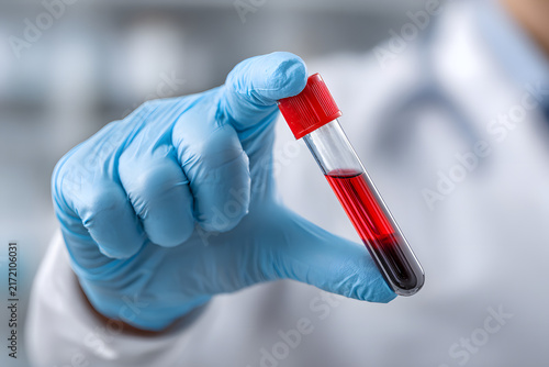 Blood test tube held by gloved hand, doctor scientist, laboratory research, healthcare, disease diagnosis, World Blood Donor Day, medical campaign.