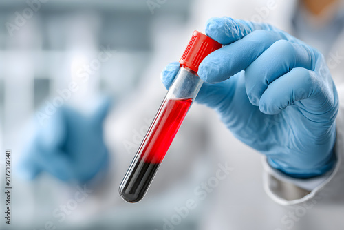 Blood test tube held by gloved hand, doctor scientist, laboratory research, healthcare, disease diagnosis, World Blood Donor Day, medical campaign.