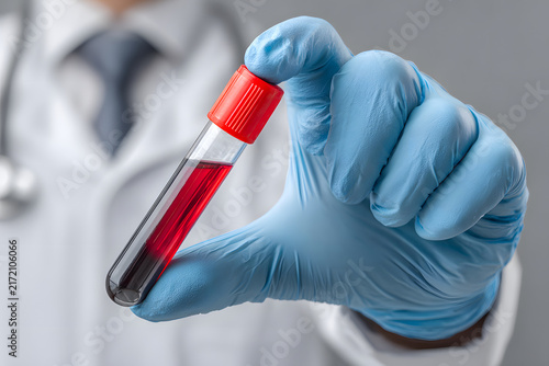 Blood test tube held by gloved hand, doctor scientist, laboratory research, healthcare, disease diagnosis, World Blood Donor Day, medical campaign.
