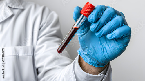 Blood test tube held by gloved hand, doctor scientist, laboratory research, healthcare, disease diagnosis, World Blood Donor Day, medical campaign.