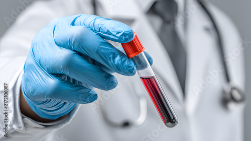 Blood test tube held by gloved hand, doctor scientist, laboratory research, healthcare, disease diagnosis, World Blood Donor Day, medical campaign.