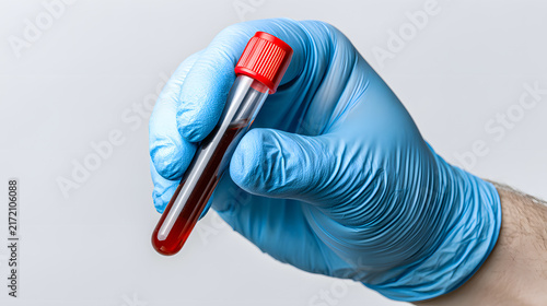 Blood test tube held by gloved hand, doctor scientist, laboratory research, healthcare, disease diagnosis, World Blood Donor Day, medical campaign.