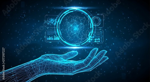 Futuristic digital hand holding a glowing data network sphere with analytics interface