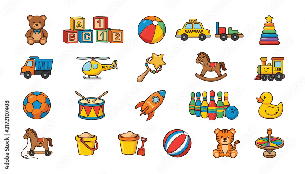 Obraz premium Collection of colorful children toys teddy bear train blocks and baby elements isolated on white background