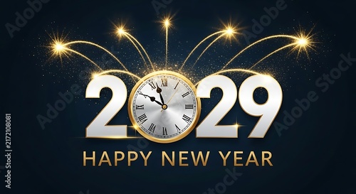 Happy new year 2029 greeting card with golden clock and festive fireworks on dark background