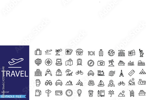 Travel icons set. Collection of vector旅游 symbols with plane, map, suitcase and globe. Simple black line art for travel agency, logistics and tourism design project.