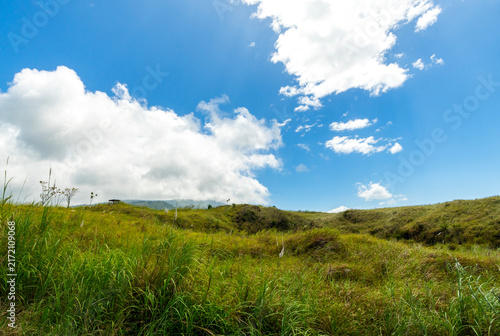 Serene rural landscape featuring lush green grass and rolling hills beneath a clear blue sky. A peaceful nature scene at the Batu Angus tourist area in Bitung, Indonesia.