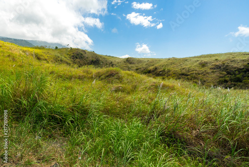 Serene rural landscape featuring lush green grass and rolling hills beneath a clear blue sky. A peaceful nature scene at the Batu Angus tourist area in Bitung, Indonesia.