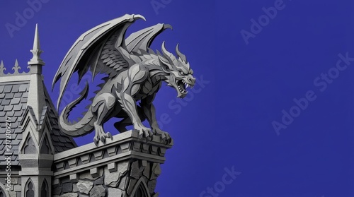 Gargoyle dragon statue perched on gothic castle 3D render dark blue background