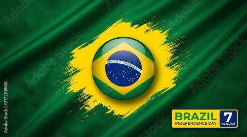 Brazil Independence Day celebration banner, Brazilian flag with glossy badge, national holiday background for September 7