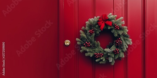 Decorative Christmas wreath on a red door, copy space