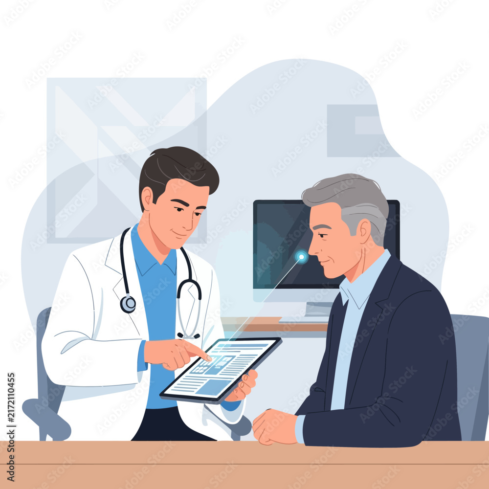 Fototapeta premium Doctor Explaining Medical Data On Tablet To Patient During Consultation