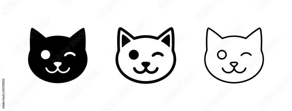 Obraz premium Winking Cat Face Icons Set, Cute Kitten Portrait Symbols