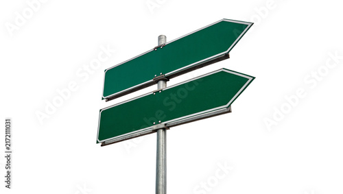 Photography Blank green metal directional road signpost with two arrows isolated on transpar