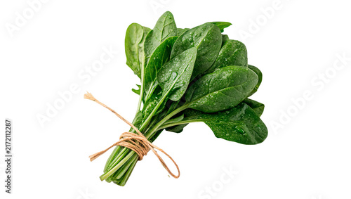 Fotografía Fresh green spinach leaves tied together in a neat bunch isolated on transparent