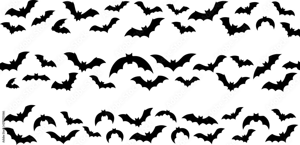 Fototapeta premium Halloween Bats Silhouette Vector Border Set, Spooky Flying Bats Swarm Clipart, Horizontal Page Divider Cut File