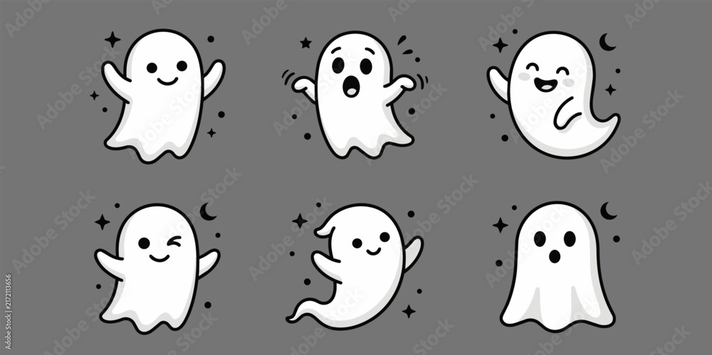 Fototapeta premium Cute Ghost Vector Set, Kawaii Halloween Spooky Character Clipart Collection, Friendly Sheet Ghost Icon Pack
